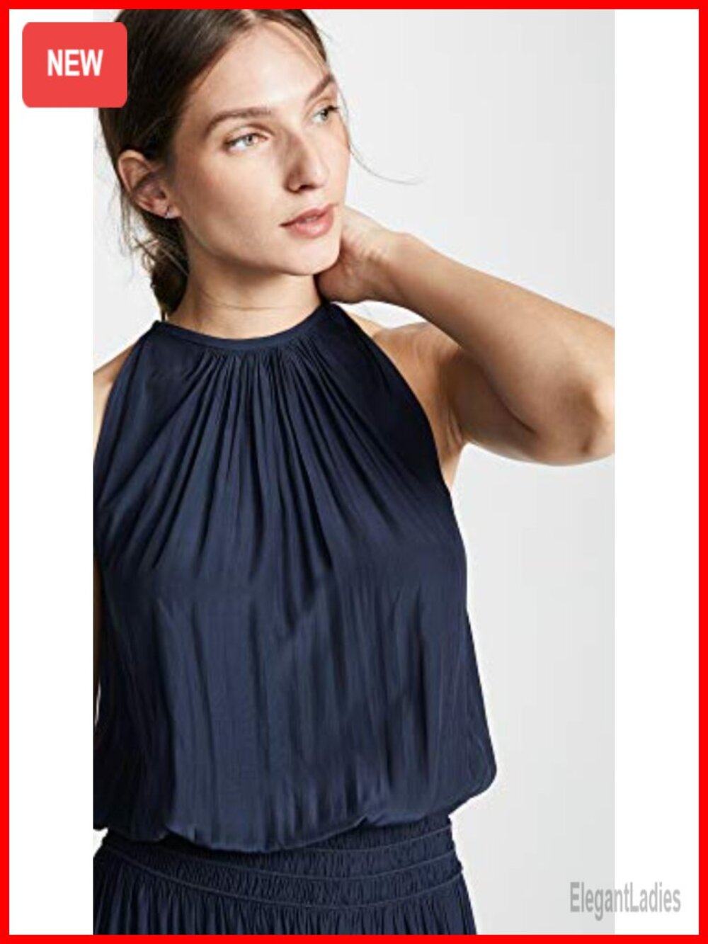 High Neck Midi Dress with Smocked Waist, Relaxed Fit, Sleeveless Casual Dress - Picture 5 of 5